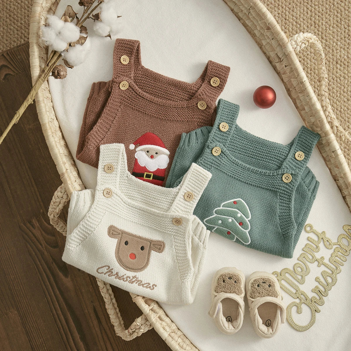 Christmas Knit Baby Romper – Santa, Reindeer & Tree Embroidery (1–18M)