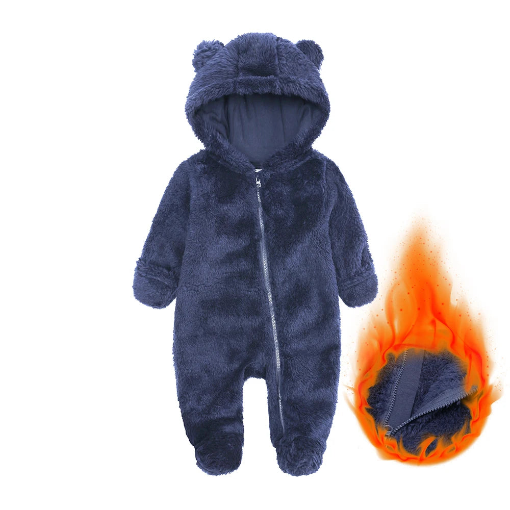 Winter Bear Fleece Hooded Romper – Ultra-Soft Warm Baby Onesie (0–12M