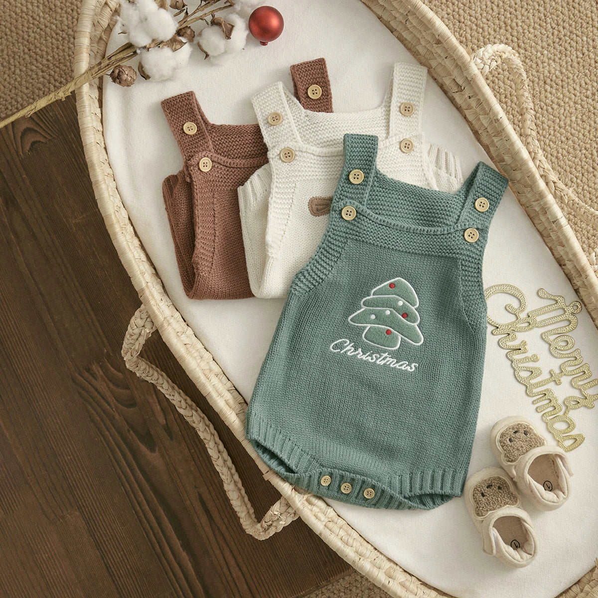 Christmas Knit Baby Romper – Santa, Reindeer & Tree Embroidery (1–18M)