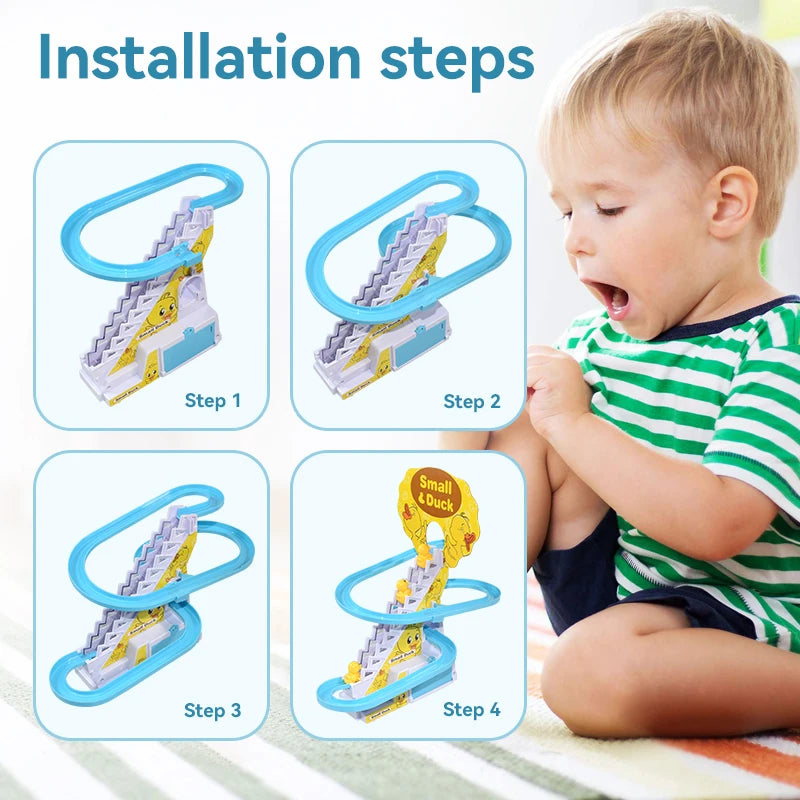 Climbing Stairs Electric Duck Track Toy – LED Light-Up Music Roller Coaster