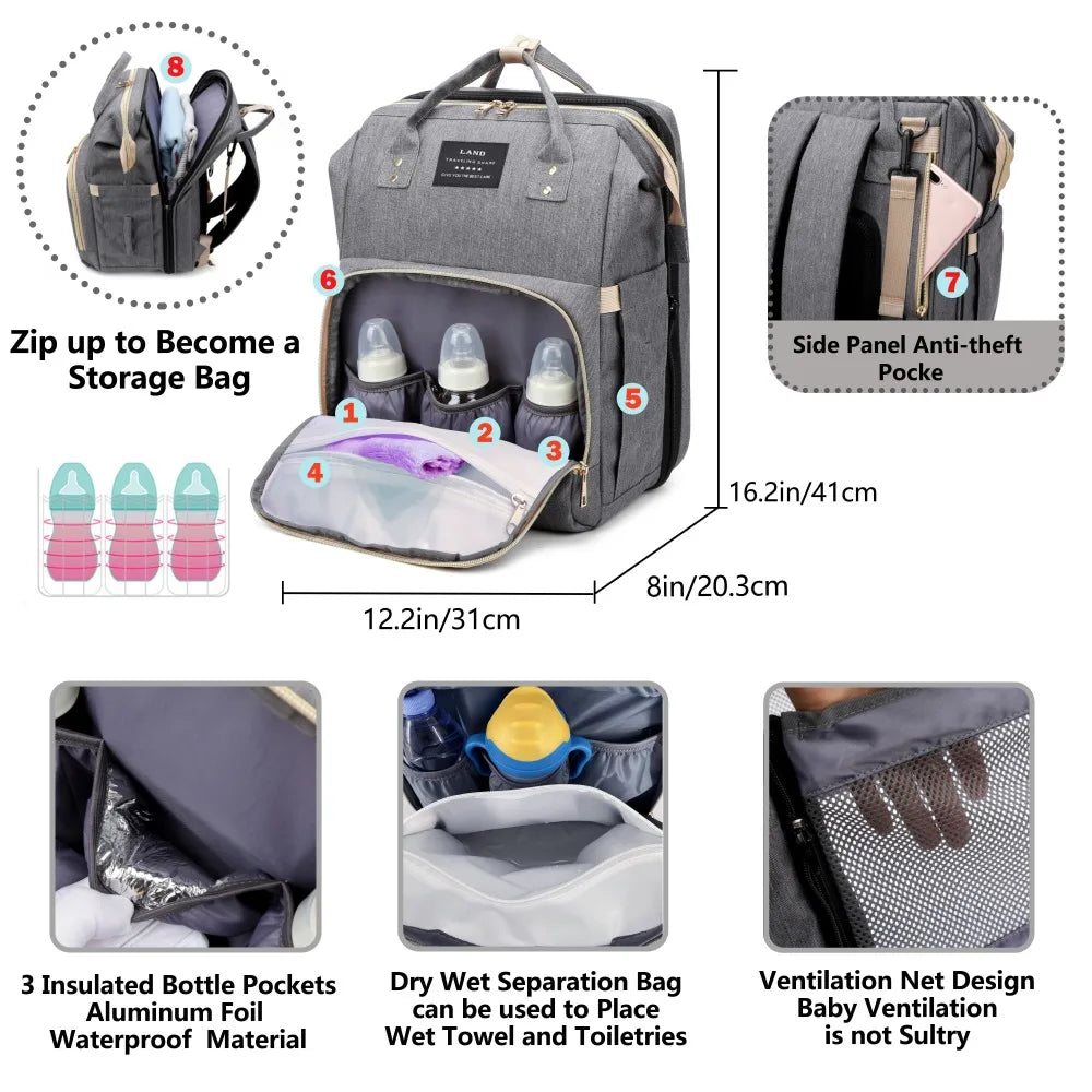 Premium 3-in-1 Mommy Diaper Bag with Foldable Baby Crib – Large Capacity Travel Backpack