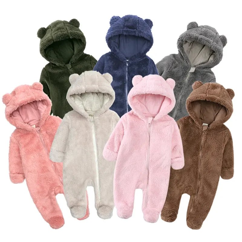 Winter Bear Fleece Hooded Romper – Ultra-Soft Warm Baby Onesie (0–12M