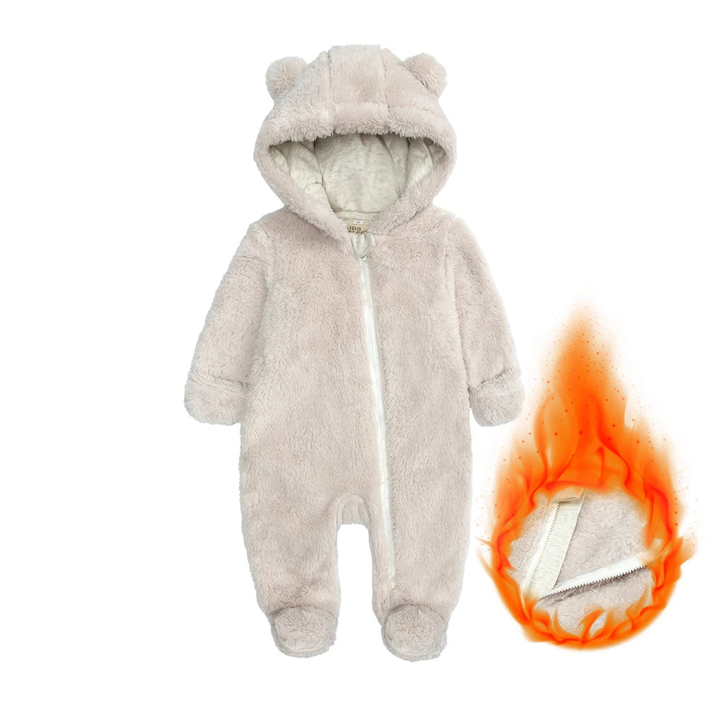 Winter Bear Fleece Hooded Romper – Ultra-Soft Warm Baby Onesie (0–12M