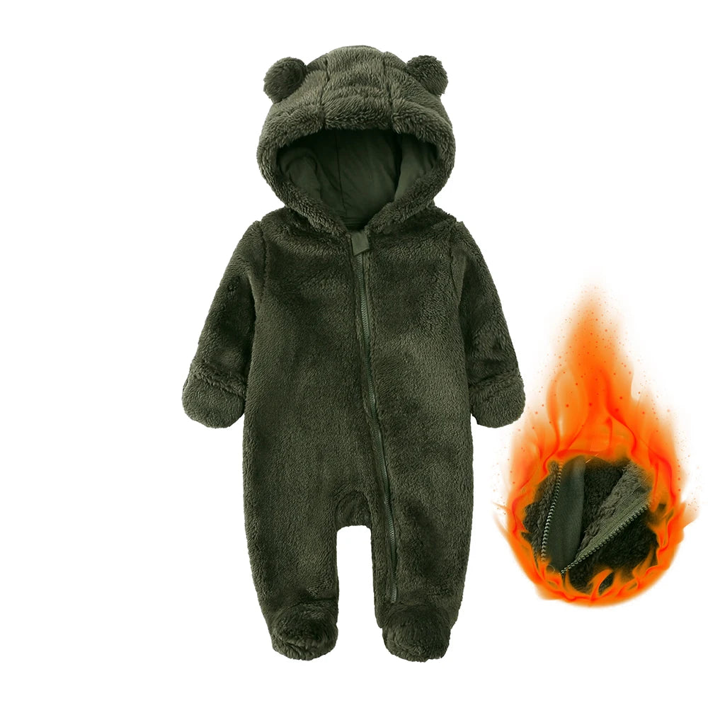 Winter Bear Fleece Hooded Romper – Ultra-Soft Warm Baby Onesie (0–12M