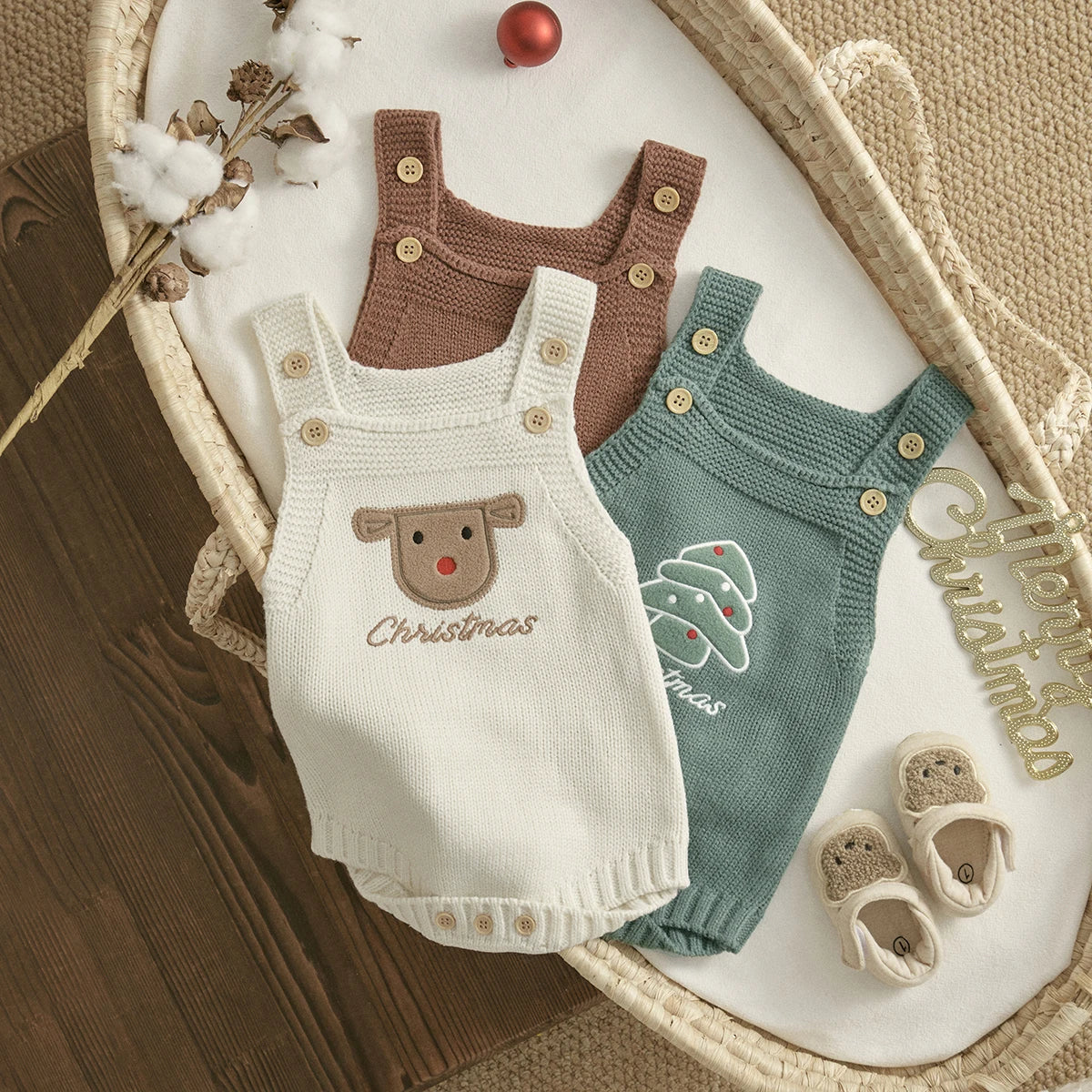 Christmas Knit Baby Romper – Santa, Reindeer & Tree Embroidery (1–18M)