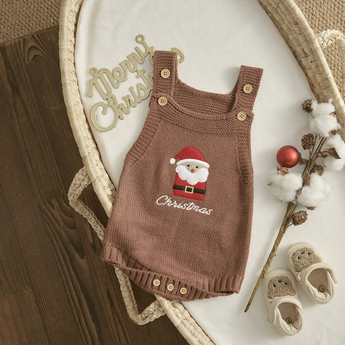 Christmas Knit Baby Romper – Santa, Reindeer & Tree Embroidery (1–18M)
