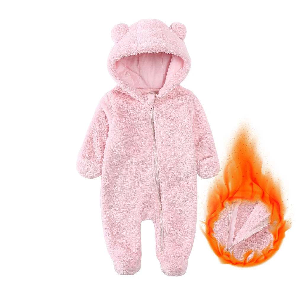 Winter Bear Fleece Hooded Romper – Ultra-Soft Warm Baby Onesie (0–12M