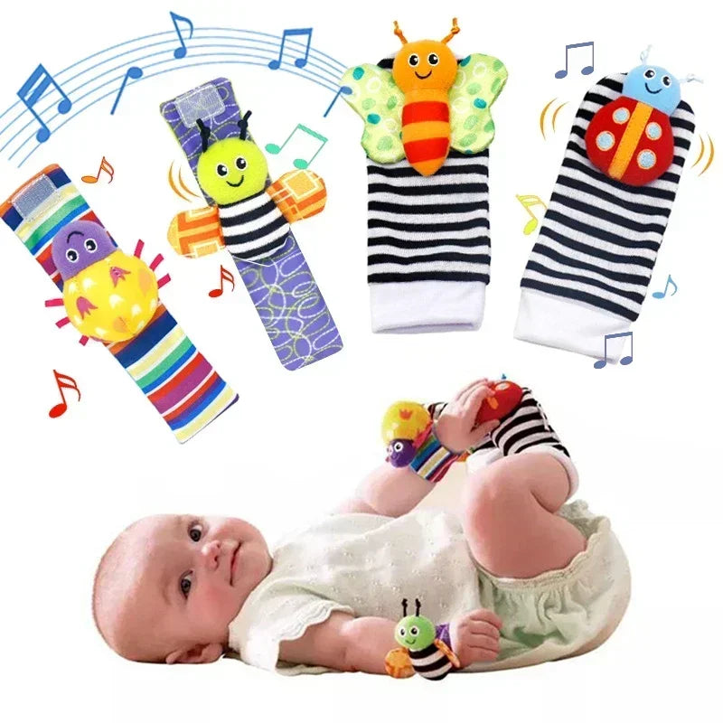4-Piece Wrist Rattle & Foot Finder Set – Soft Sensory Baby Toy (0–12 Months