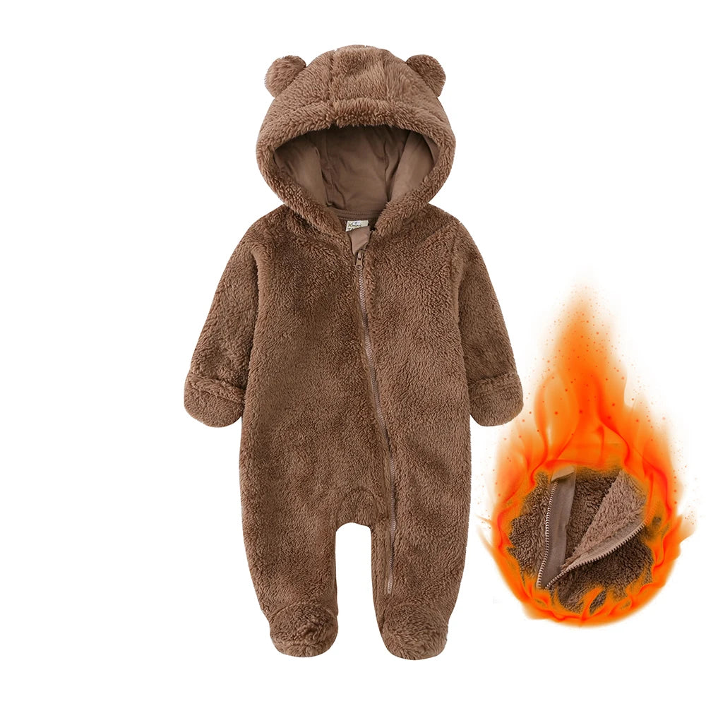 Winter Bear Fleece Hooded Romper – Ultra-Soft Warm Baby Onesie (0–12M