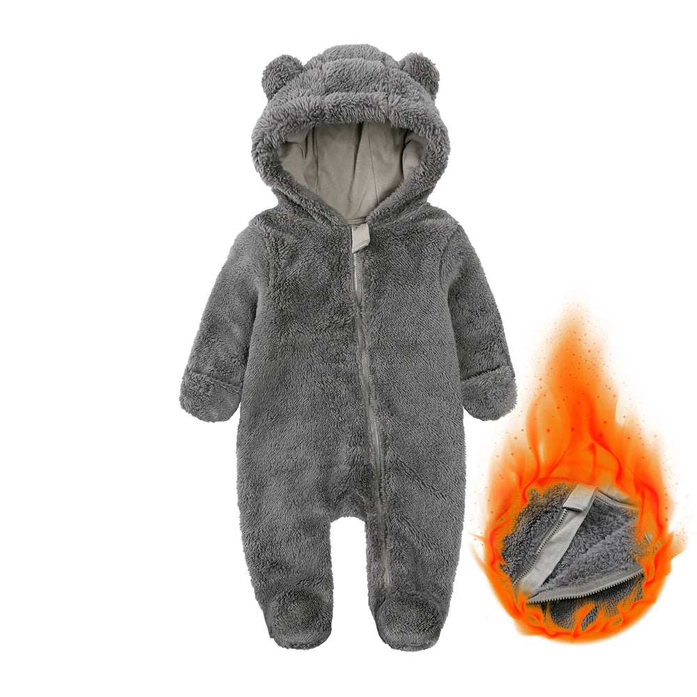 Winter Bear Fleece Hooded Romper – Ultra-Soft Warm Baby Onesie (0–12M