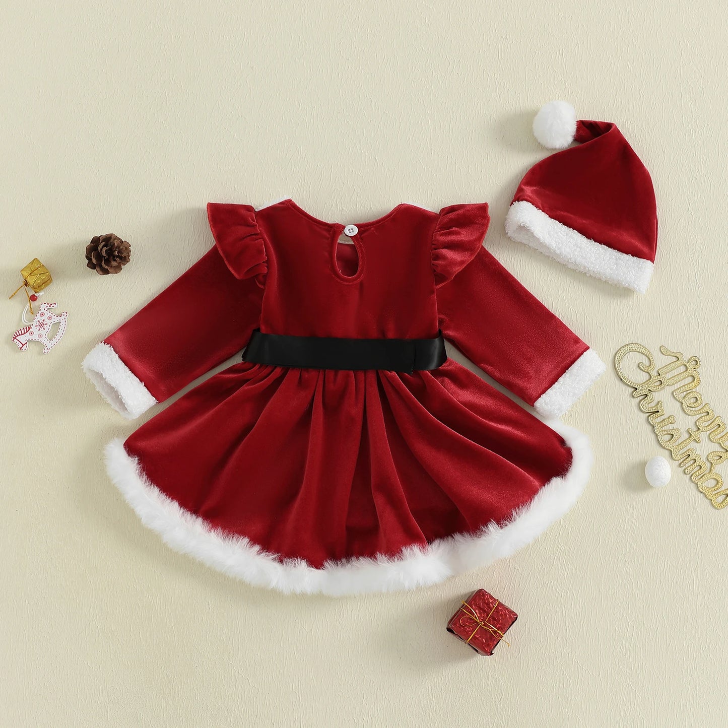 Christmas Plush Baby Dress Set with Hat – Red, Green & Blue (0–18M)