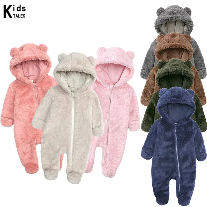 Winter Bear Fleece Hooded Romper – Ultra-Soft Warm Baby Onesie (0–12M
