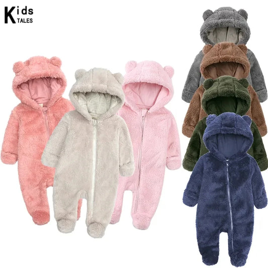 Winter Bear Fleece Hooded Romper – Ultra-Soft Warm Baby Onesie (0–12M