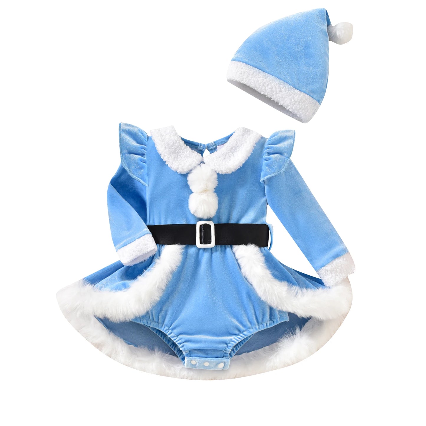 Christmas Plush Baby Dress Set with Hat – Red, Green & Blue (0–18M)
