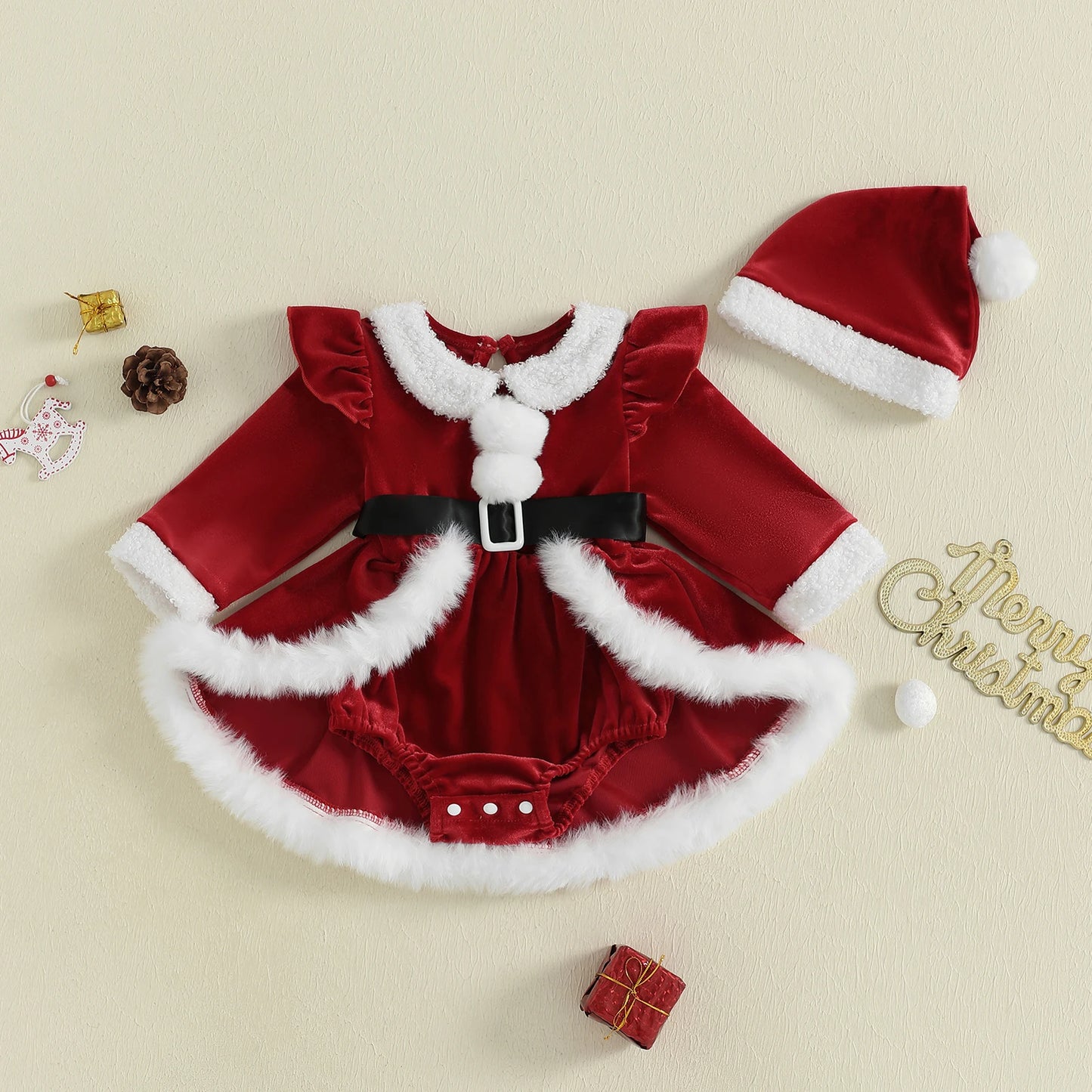 Christmas Plush Baby Dress Set with Hat – Red, Green & Blue (0–18M)