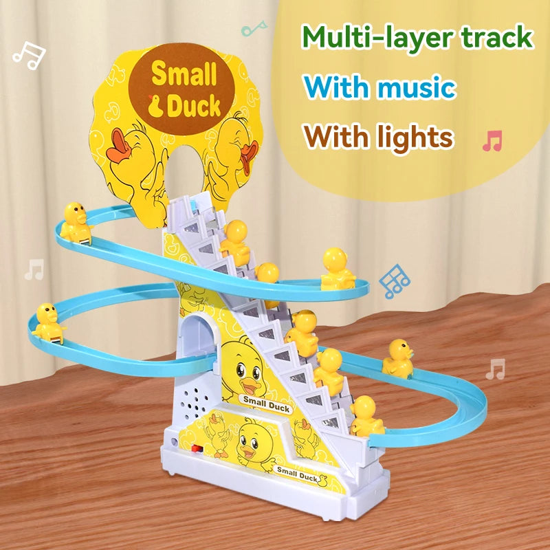 Climbing Stairs Electric Duck Track Toy – LED Light-Up Music Roller Coaster